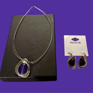Silver Amethyst Teardrop Pendant on a chain necklace and matching Earrings Set